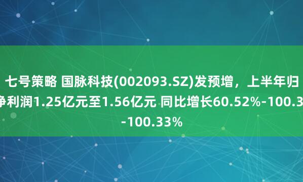 七号策略 国脉科技(002093.SZ)发预增，上半年归母净利润1.25亿元至1.56亿元 同比增长60.52%-100.33%